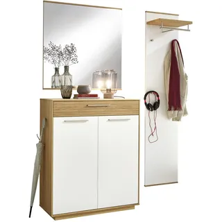 Garderobe, Weiß, Eiche, Holz, Holzwerkstoff, 3-teilig, Eiche, furniert, massiv, teilmassiv, 140x195x37 cm, Goldenes M, Made in Germany, DGM-Klimapakt, Garderobe, Garderoben-Sets & Serien, Garderoben-Sets
