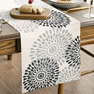 ETOLISHOP Tischläufer Blumen Schwarz Und Grau Dahlien, Moderne Bunte Deko Boho Landhausstil 33x183 cm für Sommer Frühlings Ideal für Küche Esstisch Outdoor Gartenparty Und Hochzeitsdeko