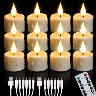 Cibnew 12 Stück LED Teelichter Wiederaufladbar mit Fernbedienung & Timer | warmweißes Licht,USB-C Teelichter LED Aufladbar Kerzen, Weihnachten Halloween,Hochzeit Tischdeko Party
