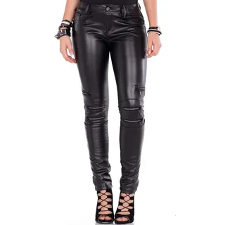 Cipo & Baxx Damen Jeanshose Leder Look Reißverschluss Skinny Fit Röhrenjeans Pants Baumwolle WD350 Schwarz W28 L34 - 28W / 34L