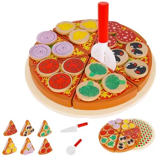 Kruzzel Pizza-Set Holz für Kinderküche mit Schneidebrett und Pizzaschneider 27 Teile 23 x 22 x 5,5 cm