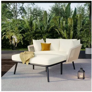 Flieks Gartenliege, 2-Sitzer Gartensofa Sonnenliege Gartenlounge Balkonset aus Seil beige