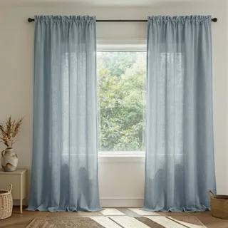 Blaue Leinen-Vorhänge, 305 cm lang, 2 Paneele mit Stangentasche, lichtdurchlässig, halbtransparent, grau-blau, für Wohnzimmer, Terrassentür, hohe Decken, Landhaus- und Bauernhaus-Deko