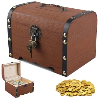 Retro-Holz-Sparschwein aus Holz, Spardose aus Holz, Spardose mit Schloss und Schlüsseln, Vintage Look Schatztruhe, Piratenschatztruhe, Holz-Schatzkisten, Geschenk für Kinder und Erwachsene