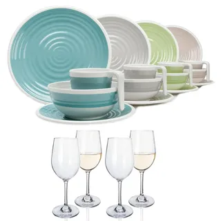 Melamin Camping Geschirr Set 4 Personen Harmonie 16 Teilig + 4 Weißweingläser Weingläser Weisswein Tafelgeschirr Picknick BBQ Kochgeschirr
