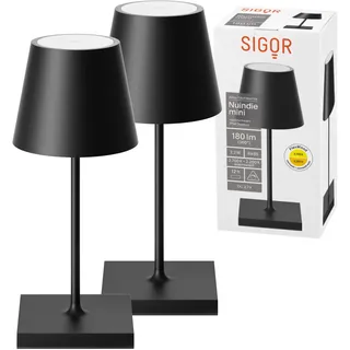 SIGOR 2 Stück Nuindie 2.0 mini - Dimmbare kleine LED Akku-Tischlampe Indoor & Outdoor, IP54 spritzwassergeschützt, Höhe 25 cm, aufladbar mit USB-C, 12 h Leuchtdauer, nachtschwarz