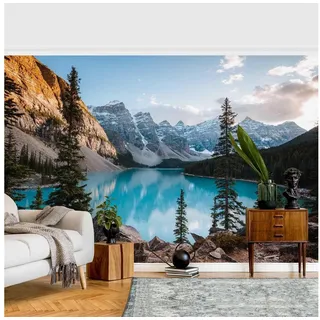 Bilderdepot24 Fototapete Berge Bergsee 3D-Optik Natur Landschaft Wanddeko XXL, Glatt, Matt, (Vliestapete inkl. Kleister oder selbstklebend), Wohnzimmer Schlafzimmer Küche Flur Motivtapete Vliestapete Wandtapete blau 2.88 m x 1.9 m