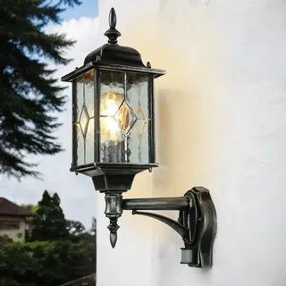 Rustikale Außenleuchte mit Bewegungsmelder Schwarz Silber Glas Metall Vintage Hoflampe Haus Wand - Bunt