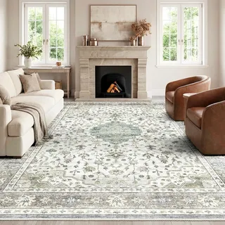 HOMFINE Hell Grün Vintage Teppich Wohnzimmer 120x170 cm - Waschbarer Kurzflor mit Rutschfester Unterseite, weicher Boho Retro für Schlafzimmer Esszimmer Flur