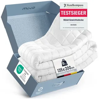 Müüd Gewichtsdecke - Therapiedecke - schwere Decke -, Füllung: feine Glasperlen, recyclete Mikrofaser, Bezug: 9kg, 5x5cm Nähte, 100% Baumwolle, Sommer und Winter geeignet. weiß 135 cm x 200 cm