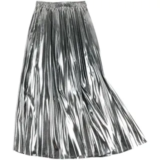 PSNKLMM GläNzender Metallic-Rock Hohe Taille A-Linie Midi Faltenrock for Frauen im Herbst WinterGold Silber Elegante Lange Röcke FüR Karneval Fasching Cosplay(Silver)