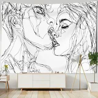 Gualiy Wandteppich Schwarz Weiß, Abstrakte Skizze Kunst Wandbehang Paar Kuss Motiv Schlafzimmer Wohnzimmer Dekor Heimdekoration Extra Groß 350x256cm