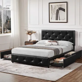 Yaheetech Polsterbett Bettrahmen 140 x 200 cm Bettgestell Doppelbett mit Lattenrost Ehebett mit höhenverstellbarem Kopfteil Stoffbett Stauraum unter dem Bett Gästebett für Schlafzimmer, Schwarz