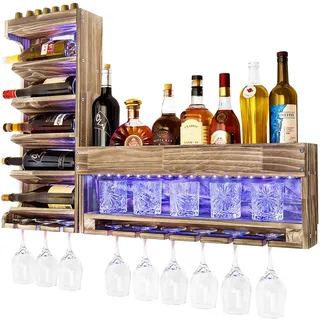 Yorbay Weinregal Palette Geflammt Holz: Wandbar mit 9 Glashalter | Vintage Wand Flaschenhalter mit Korkhalter - Weinaufbewahrung für Bar Küche Esszimmer (mit LED-Lich)