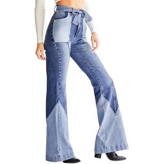 Runstarshow Damen Patchwork Jeansschlaghose Schlagjeans blau Schlaghose 70er Jahre Jeans Klassische Retro High Waist Spliced Casual Bell Bottom Hose - L