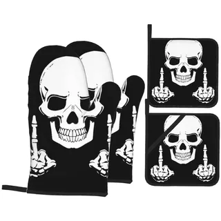 321 4 Stück Polyester Gotischer Totenkopf-Mittelfinger Kochhandschuhe Schwarz Lustig Ofenhandschuhe Hitzebeständige Topflappen-Set Für Die Küche, BBQ, Mikrowellenofen