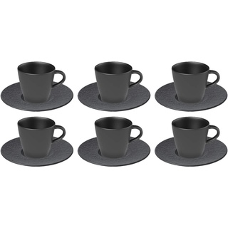 Villeroy & Boch Manufacture Rock Kaffeetassen mit Untertassen, 6er Set, 150 ml, Hochwertiges Geschirr in Schiefer-Optik, Premium Porzellan, Spülmaschinen- / Mikrowellengeeignet, Schwarz