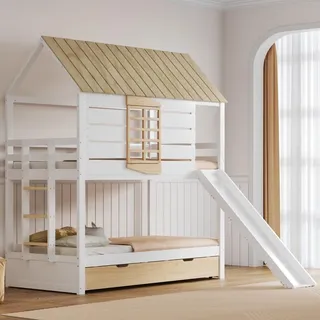 Merax Haus-Etagenbett 90x200 mit Ausziehbett, Kinderbett mit Rutsche und 2 Schubladen, Holz Jugendbett für 3 Kinder, Stockbett, Hochbett, Weiß+Natur - Naturbelassen