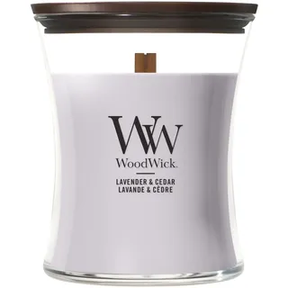 WoodWick Mittelgroße Duftkerze im Sanduhrglas mit knisterndem Docht | Lavender & Cedar | Brenndauer bis zu 60 Stunden