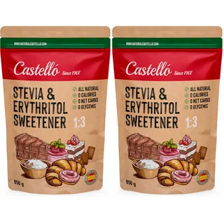 Stevia + Erythrit 1:3 Süßstoff | 1g : 3g Zucker | 100% Natürlich schmeckender Zuckerersatz - 0 Kalorien - 0 Glykämischer Index - Keto und Paleo - 0 Netto-Kohlenhydrate - Castello since 1907-850 g