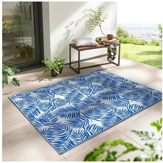TaraCarpet Teppich TaraCarpet Outdoor Teppich Santa Monica wetterfest, rechteckig, Höhe: 3 mm, Kurzflor blau-weiß Blätter Balkon Garten Terrasse Camping 140x200 cm blau|weiß 140 cm x 200 cm x 3 mm