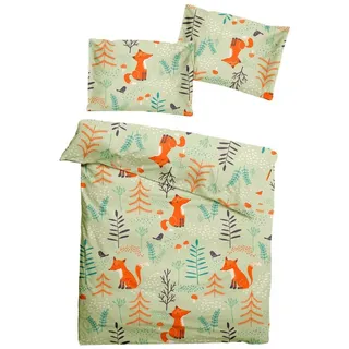 JACK Babybettwäsche 100x135cm Fuchs Wald Natur Grün, Biber, 2 teilig, süßes Kindermotiv mit Füchsen, mit Reißverschluss grün