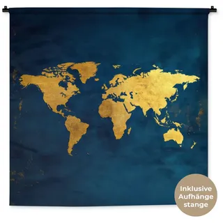 MuchoWow Wandteppich Weltkarte - Gold - Dunkelblau, Quadratisch, Höhe: 3 mm, Wand Teppich Wohnzimmer, Schlafzimmer, 150x150 cm blau Quadratisch | 150 cm x 150 cm x 3 mm