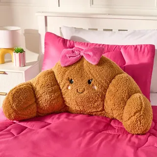 OHS Bow Croissant Kuschelkissen, Lesekissen für Bett, Erwachsene, superweiches Teddy-Fleece, Kinderkissen mit Armen, Rückenstütze zum Kuscheln, Umarmungskissen, zum Entspannen zu Hause, Braun/Hot Pink