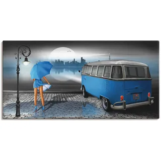 Wandbild ARTLAND "Regennacht in Blau mit Bulli T1" Bilder Gr. B/H: 100 cm x 50 cm, Leinwandbild Auto, 1 St., blau Kunstdrucke als Leinwandbild, Poster, Wandaufkleber in verschied. Größen