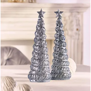 2X Tanne Silberglitzer aus Metall, 30 cm hoch, Dekokegel, Weihnachtsdekoration, Adventsdekoration, Tannenbaum