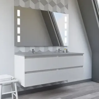 Doppelwaschbecken 140 cm Arlequin mit Prestige-Spiegel - Graues Waschbecken - Weifl e Querstangen