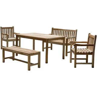 Möbilia Sitzgruppe 2 x Armlehnstühle + 1 Tisch + 2 x Bänke Teak natur