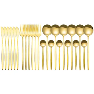 Aboiledy 24 Stück Besteck Set Gold für 6 Personen - Edelstahl Küchenutensilien Messer Gabeln Geschirrset - Cutlery Set für Hause Küche Restaurant Essbesteck