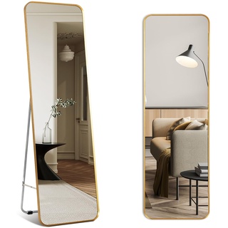 HOMASIS 2 in 1 Standspiegel Wandspiegel Bodenspiegel für Ankleiden, Ganzkörperspiegel mit Rahmen, Garderobenspiegel für Wohnzimmer & Schlafzimmer, 40 x 2 x 130 cm, Messing