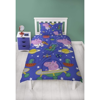 Peppa Pig George Pig Bettbezug für Einzelbett mit passendem Kissenbezug, zweiseitiges Weltraumplaneten-Design, Mikrofaser, blau, 200 x 135 x 5 cm