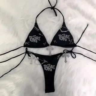 Stilvolles Y2K Bikini-Set mit hängendem Hals, einfarbige Bademode für Damen, entworfen für Frühling und Sommer (M Schwarz)