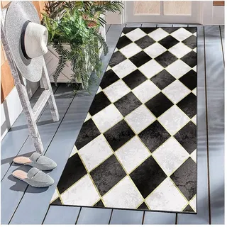 Siunwdiy Läufer Teppiche Flur Geometrisches Design Schwarz Weiß Karierter Läufer Küchen Teppich Waschbar rutschfest Teppich Läufer Korridor Teppich Für Wohnzimmer Schlafzimmer,Schwarz,120x150cm
