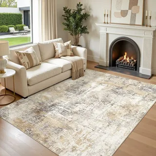 DMOYEST Teppich Wohnzimmer 150x200 cm Abstrakt Grau Gold Modern, Waschbar rutschfest und Weich, Kurzflor für Schlafzimmer Kinderzimmer Büro, Haustierfreundlich, Saugrobotergeeignet