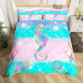 Seepferdchen Bettwäsche Set, Regenbogen Fisch Skala Tröster Abdeckung für Kleine Kinder, Ozean Tier Sealife Bettbezug Ombre Glitter Pastell Bettbezug Weiche Mikrofaser Schlafzimmer Dekor, 135x200