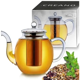Creano Teekanne Creano Glas-Teekanne 1,5l, Edelstahl-Sieb und Glas-Deckel, all-in-one, 1,5 l, (1er-Set, 2-St., Teekanne & Deckel), tropffrei weiß