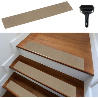cocofy Treppenstufen Matten modern 15er Set, 60x12 cm groß Filz selbstklebend Stufenmatten innen 15 Stück Teppich Treppenstufen Treppenteppich selbstklebend beige