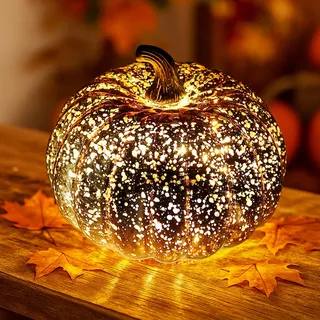Herbstdeko KüRbis Deko Mit Led Licht, Led KüRbis Batteriebetrieben Hochwertiges Glasdesign, Pumpkin Decor kürbis Beleuchtet Lampe FüR Erntedankfest Halloween Weihnachten Tischdeko Innen Party (B)