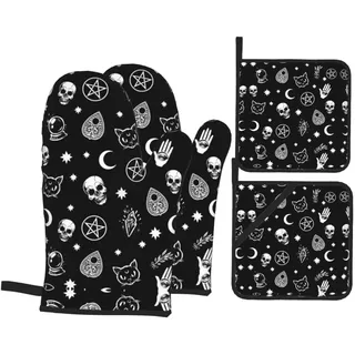 Ofenhandschuhe und Topflappen, Motiv: Halloween-Gothic-Schädel, hitzebeständig, rutschfest, Ofenhandschuhe und Pad zum Backen, Kochen, Küche, Grillen, Grillen, Geschenke, 4 Stück