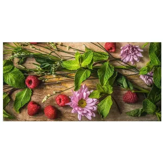 Bilderdepot24 Teppich Teppich Vinyl Küchenmatte Küche Holzoptik Himbeeren Minze lang, Läufer - grün glatt, nass wischbar (Spritzer, Tierhaar) Saugroboter & Bodenheizung geeignet grün 300 cm x 150 cm