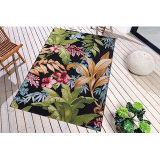 Teppich OASIS 235x160cm schwarz / pink / türkis / gold, riess-ambiente, rechteckig, Höhe: 8 mm, Wohnzimmer · Flachgewebe · florales Design · Blattmuster · Outdoor schwarz