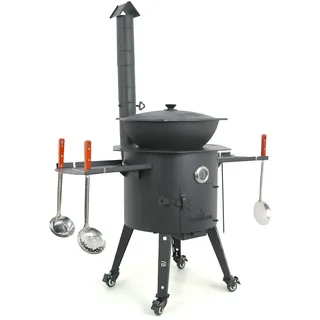 Utschak Feuerofen Ø 44cm mit Usbekisch Kazan Gusseisen 16L | Ablage Räder Adapter-Ring Schaumlöffel | Kasan-Set Runder Boden Deckel | Учаг Feuerschale Gulaschkanone | Wok (Ohne Abzugsrohrverlängerung)
