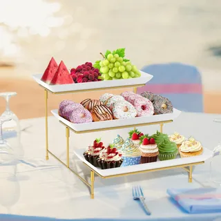 Etagere 3 Etagen mit 29,5 x 14,9 cm Wiederverwendbare Servierplatte,3 Stufiges Tablett Serviertablett Servierteller mit Gold Robustem Kohlenstoffstahlregal,Buffet Zubehör für Gemüse Obst Kekse Torte