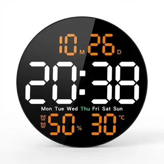 Wanduhr Digital mit Temperatur, Luftfeuchtigkeit, Modern, Lautlos, Orange