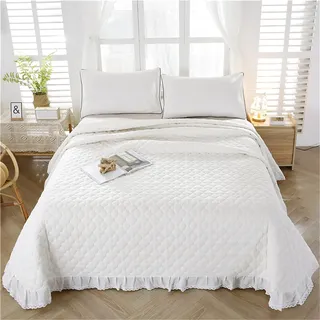 Highdi Tagesdecke Einfarbig mit Spitze Doppelbett/Einselbetten, Moderne Tagesdecken, Ultra Weiche Kuscheldecke Gesteppt Bettüberwurf, Leichte Mikrofaser Bettüberwurf (Weiß,150x230cm)