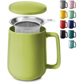 Teetasse mit Sieb und Deckel - Keramik - Hält Lange warm - 500ml XXL Groß - Spülmaschinenfest (Matcha Grün)